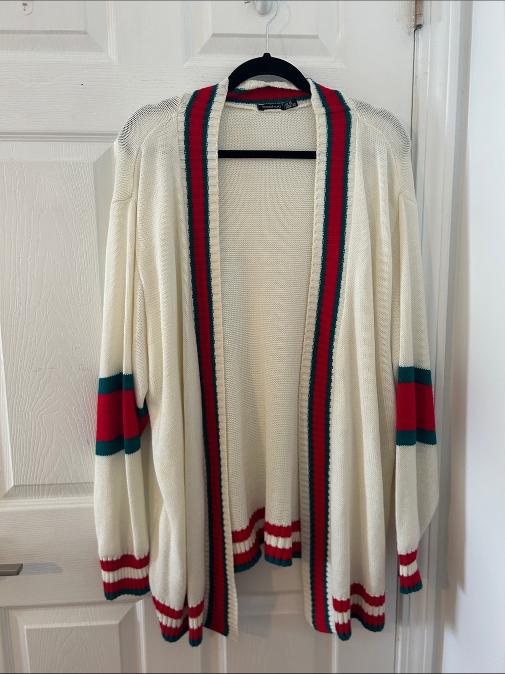 Boohoo Cream Open-Front Cardigan with Red and Teal Stripes